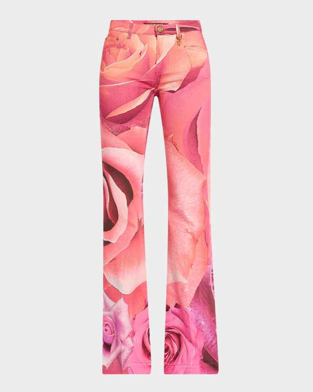 Rose-Print Flare Denim Trousers